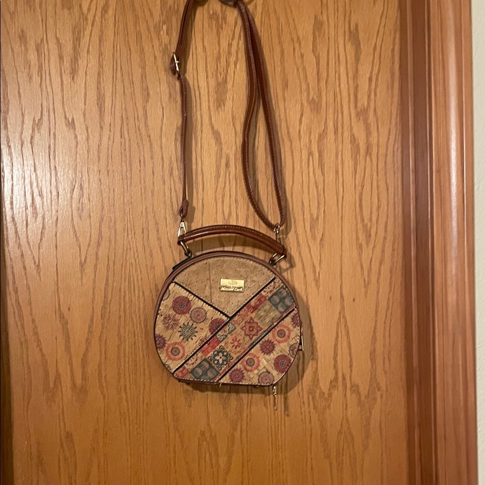Round Patchwork Crossbody Bag in Brown made with cork
